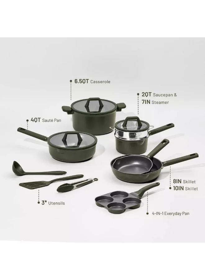 كاروت طقم أواني كاروت 21 قطعة غير لاصق لطهي صحي خالٍ من PFOA، يضم مقالي وقدر طهي ومقلاة تشويح وكسرولة وقدر بخارية ومقلاة 4×1، متوافق مع جميع المواقد وآمن لغسالة الصحون (أخضر داكن)